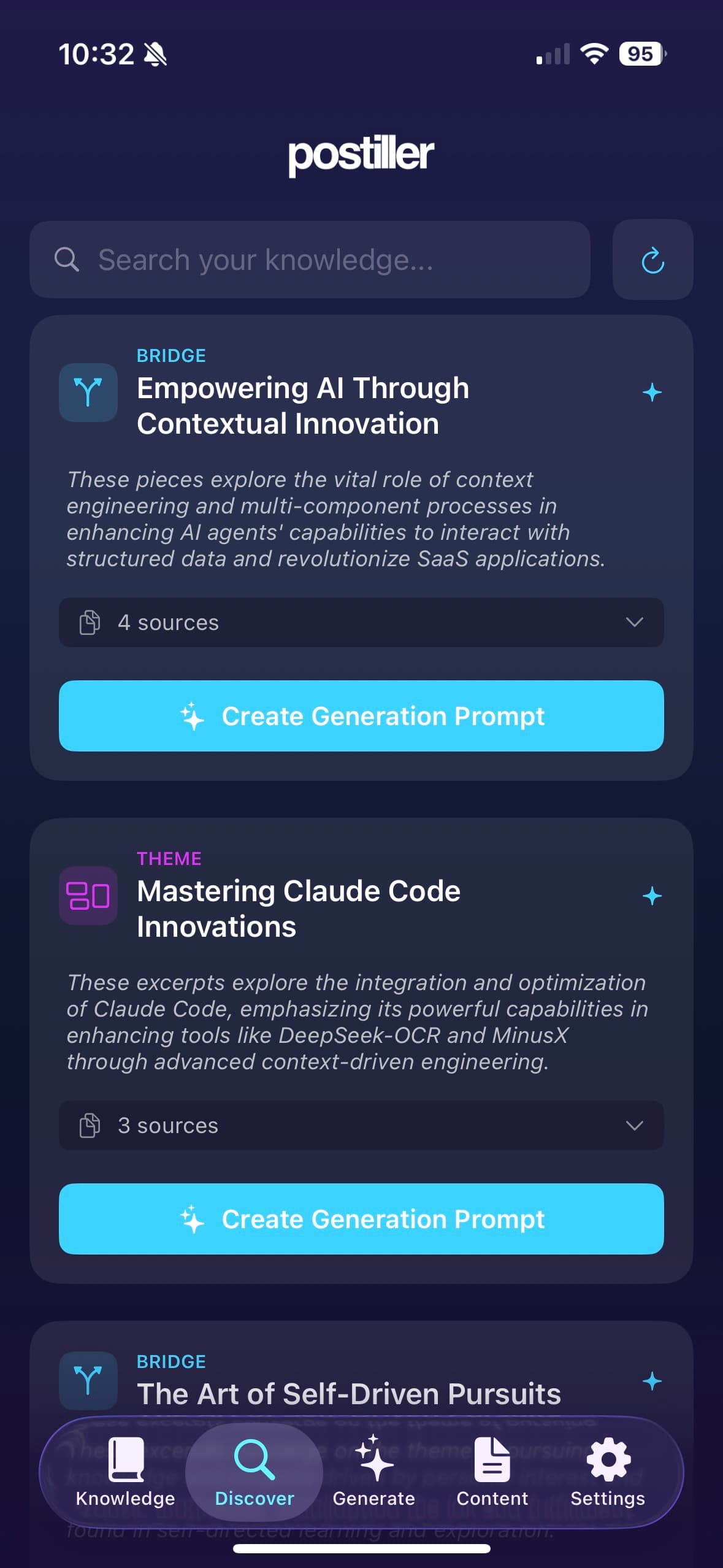 Postiller Discover tab showing AI-powered content recommendations