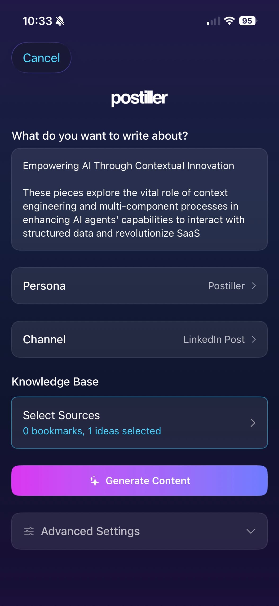 Postiller Generate view with persona and channel selection