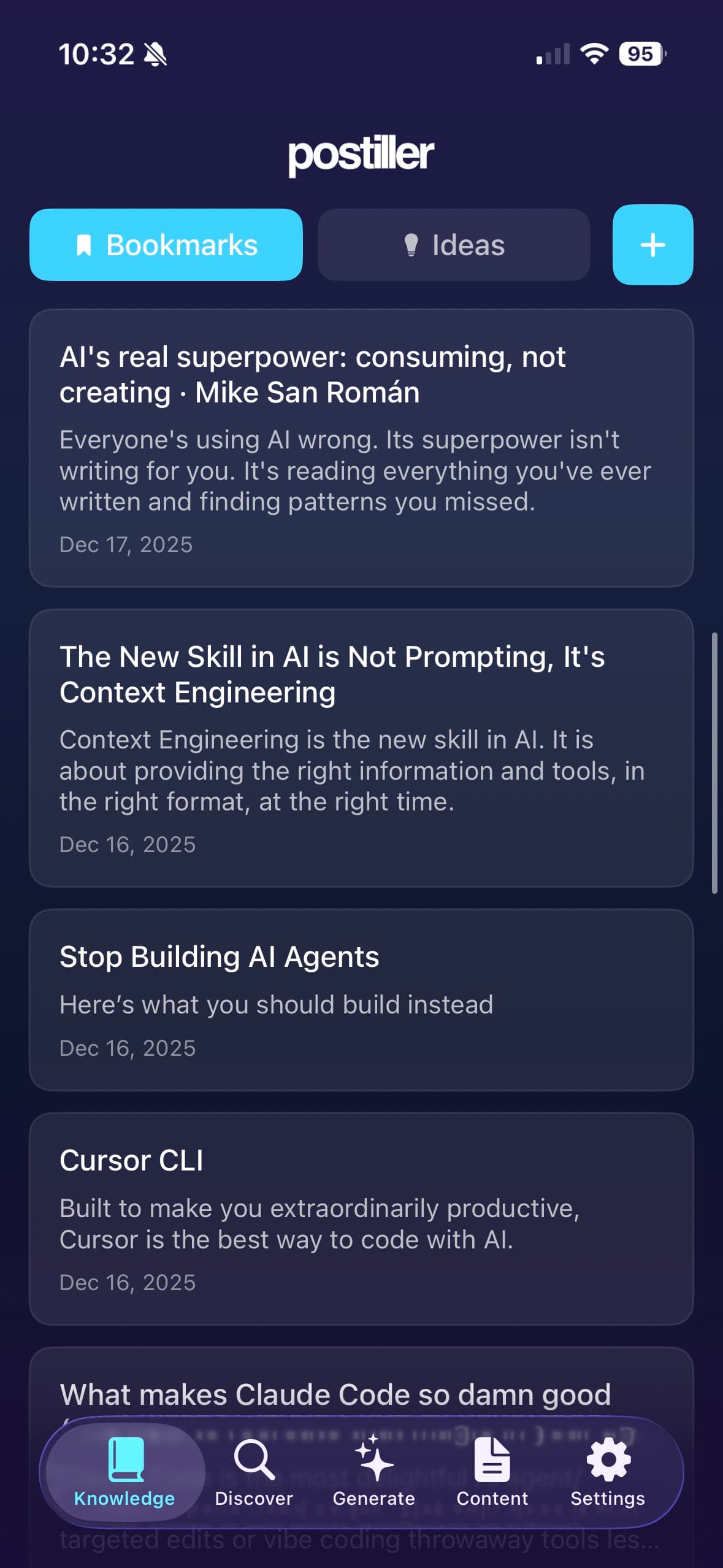 Postiller Knowledge tab showing saved bookmarks with AI-extracted insights